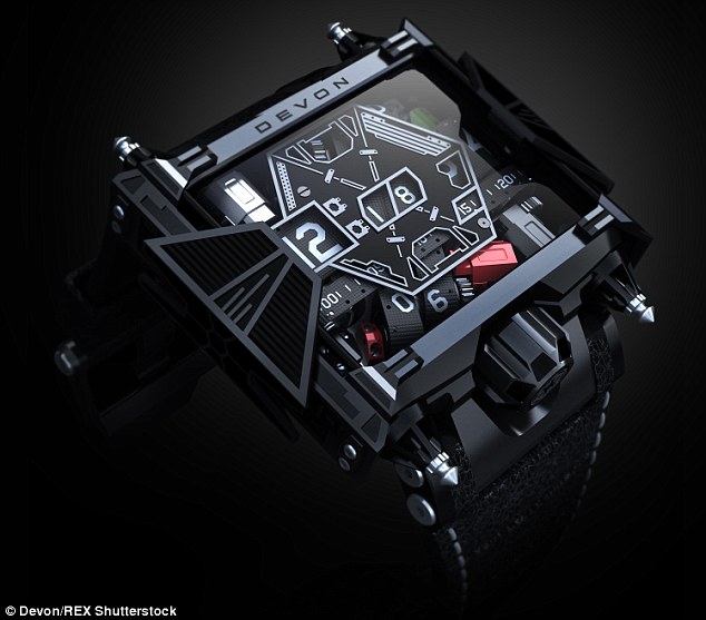 The case is made from stainless steel with a jet black diamond-like carbon coating that mimics the outfit worn by Darth Vader. The face is surrounded with a case that is shaped like the wings of a TIE Fighter while the face itself has markings that appear on the Imperial spacecraft